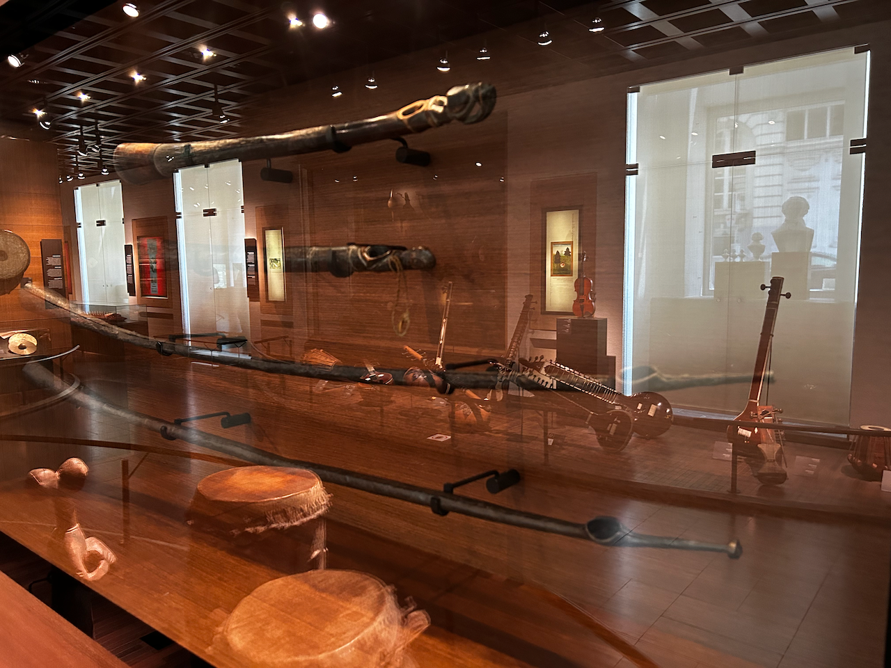 Photograph of (a) brass instrument(s) from the Musical Instruments Museum in Brussels, Belgium