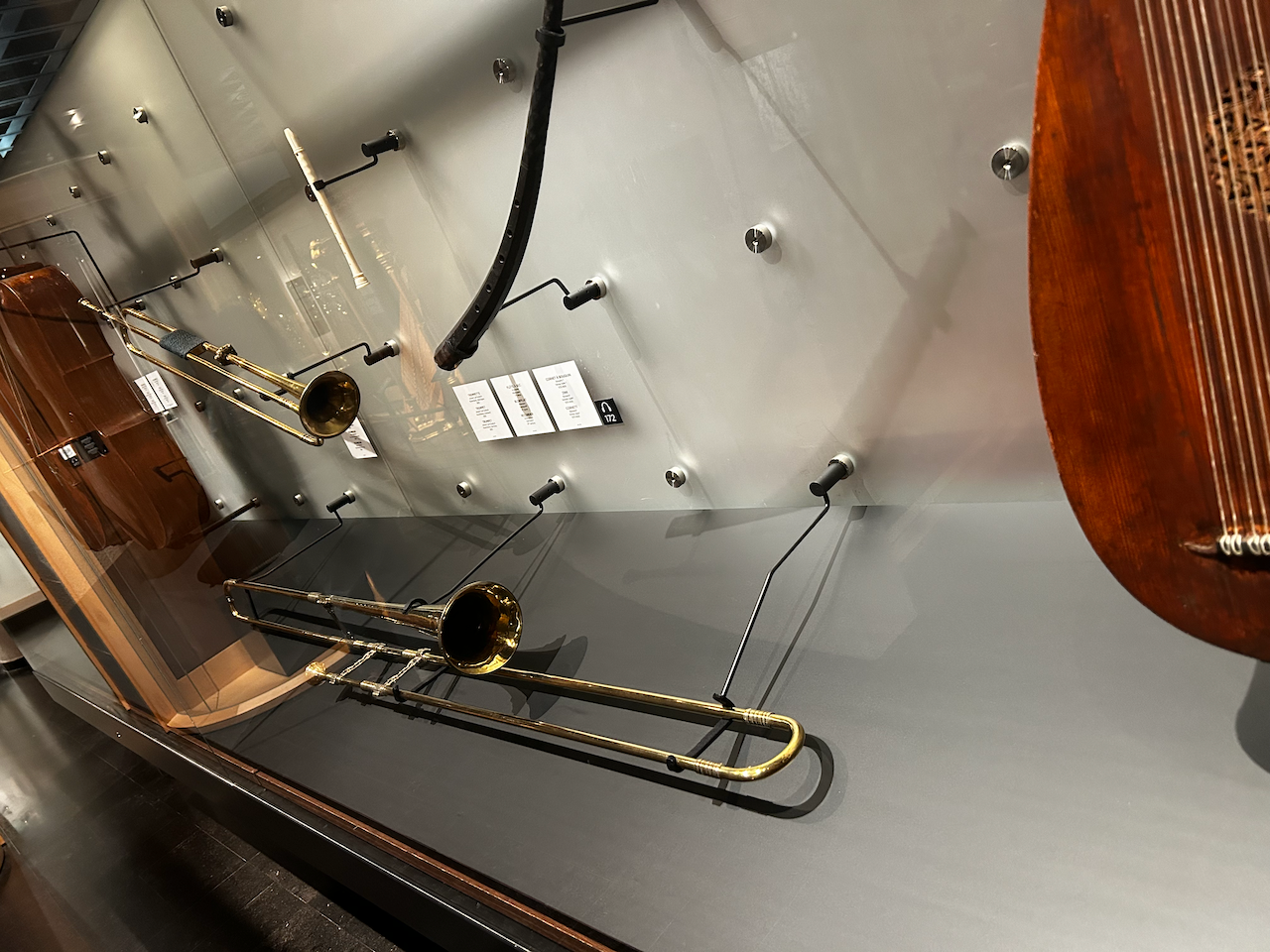 Photograph of (a) brass instrument(s) from the Musical Instruments Museum in Brussels, Belgium