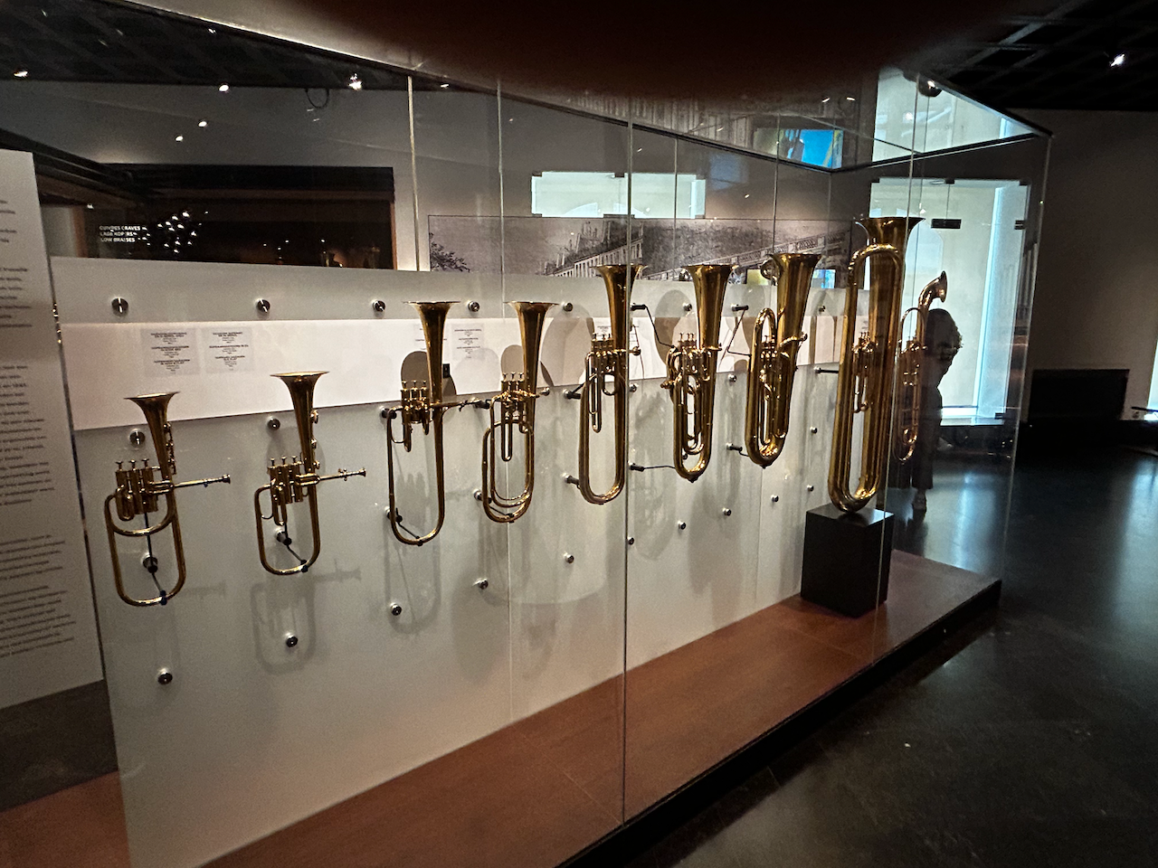 Photograph of (a) brass instrument(s) from the Musical Instruments Museum in Brussels, Belgium