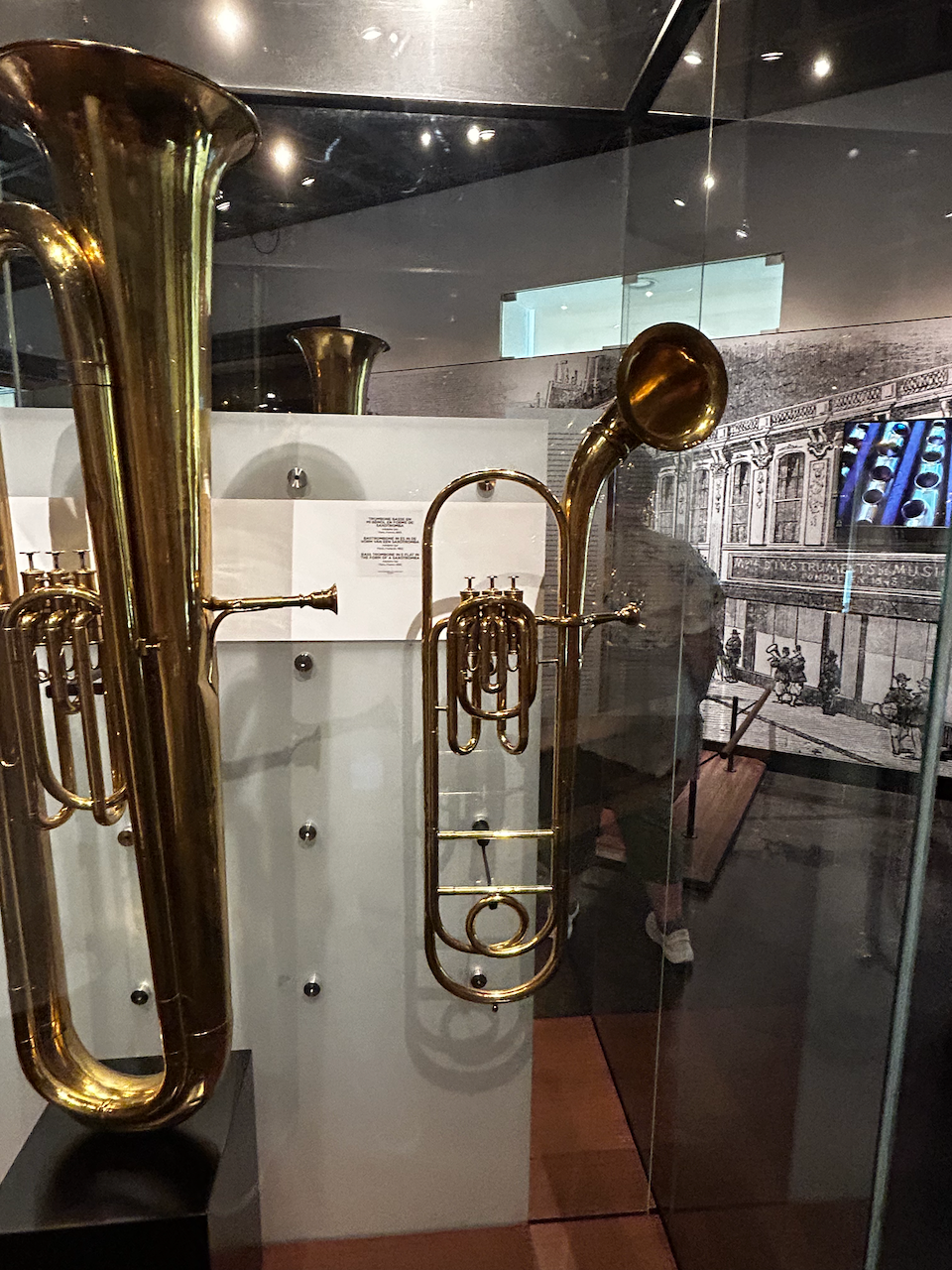 Photograph of (a) brass instrument(s) from the Musical Instruments Museum in Brussels, Belgium