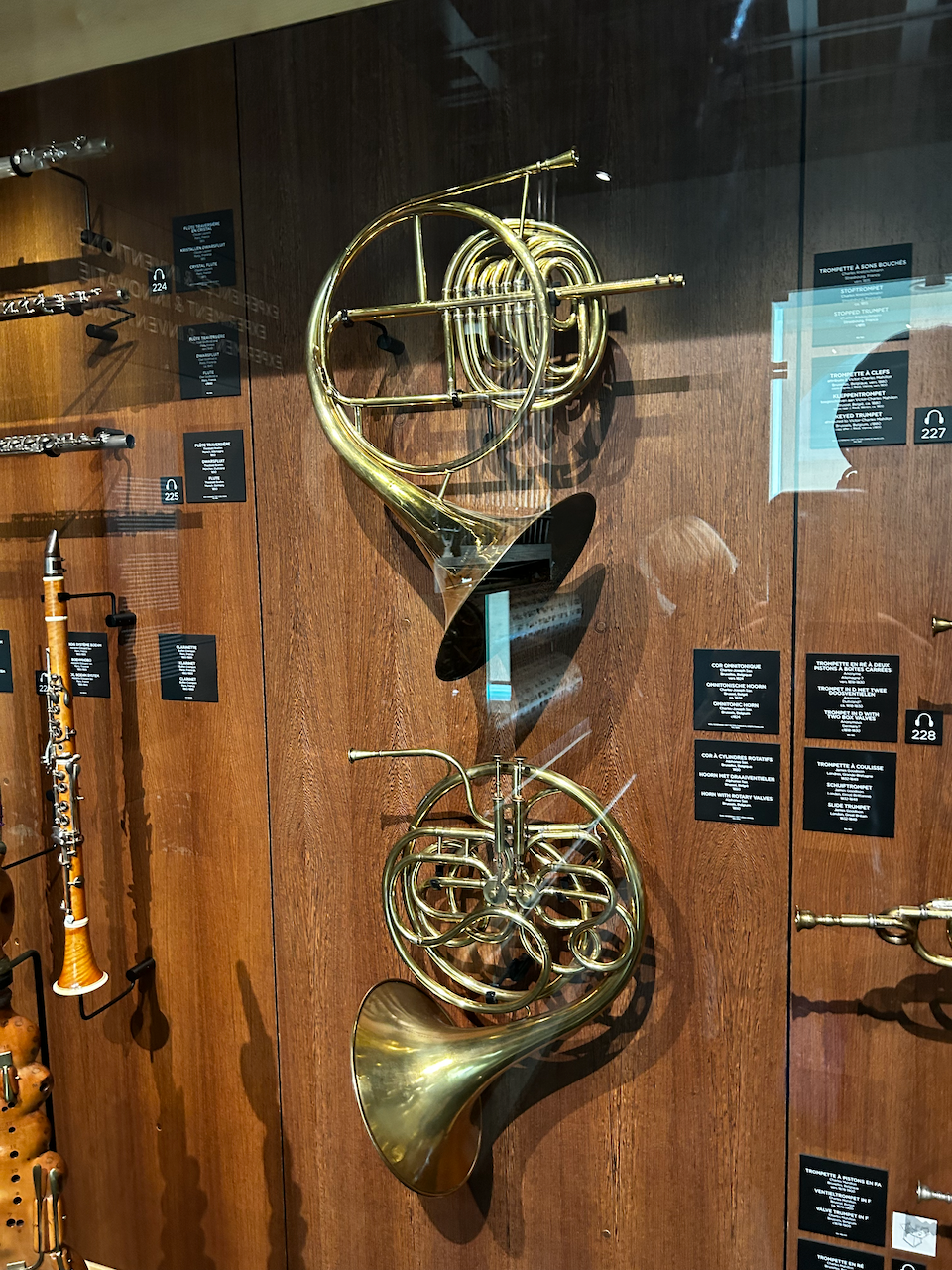 Photograph of (a) brass instrument(s) from the Musical Instruments Museum in Brussels, Belgium
