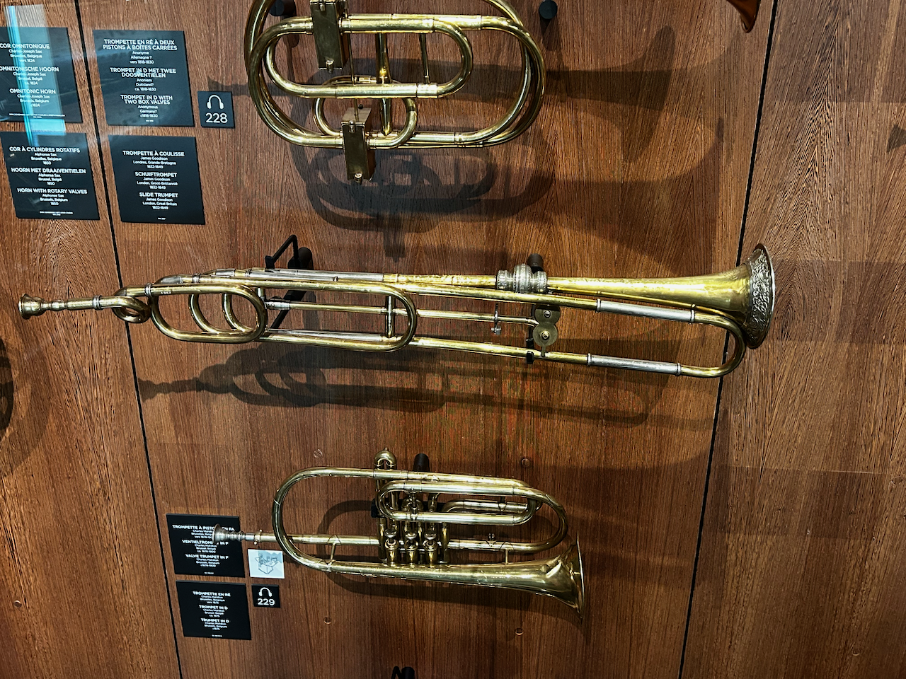 Photograph of (a) brass instrument(s) from the Musical Instruments Museum in Brussels, Belgium