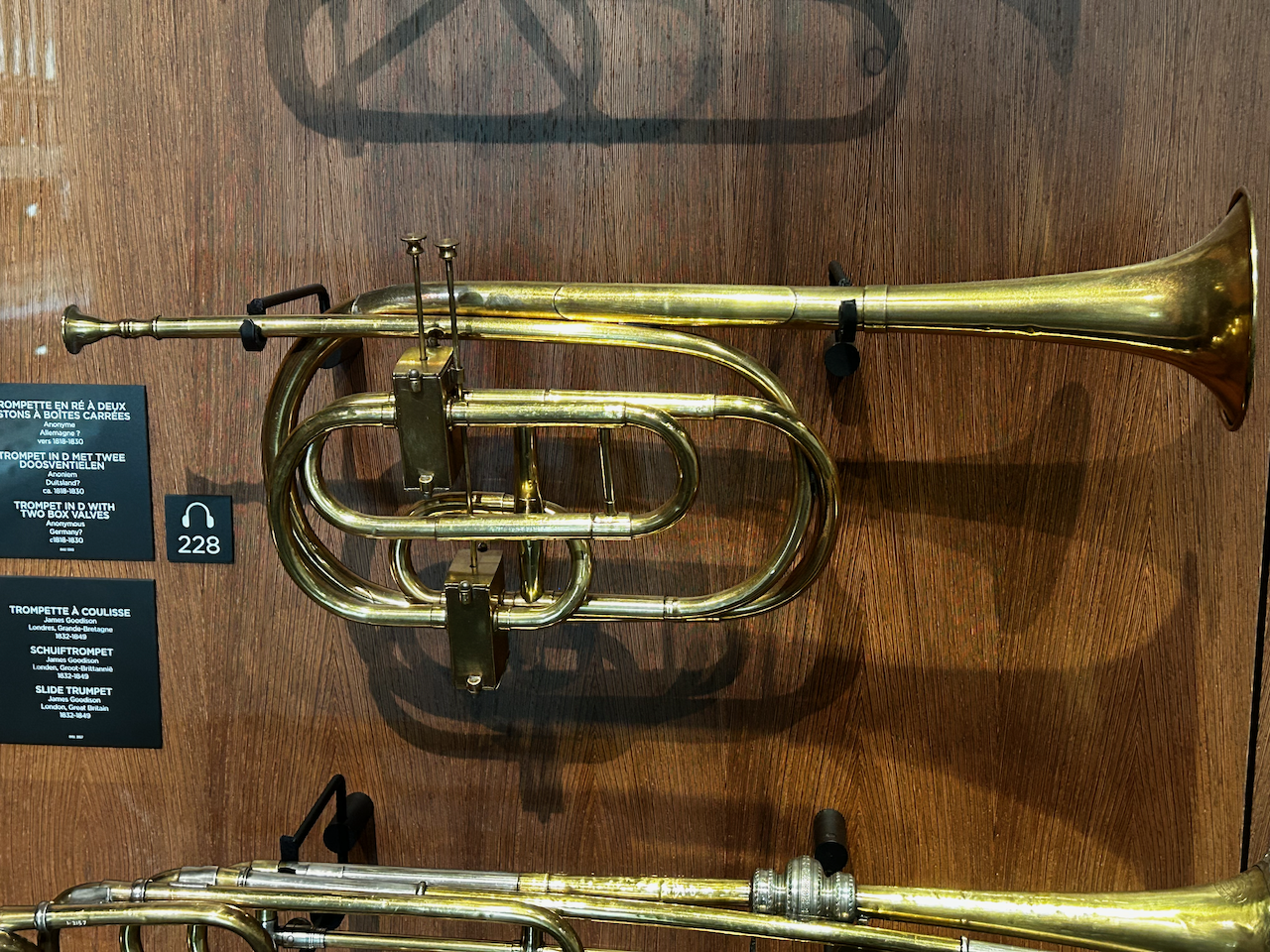 Photograph of (a) brass instrument(s) from the Musical Instruments Museum in Brussels, Belgium