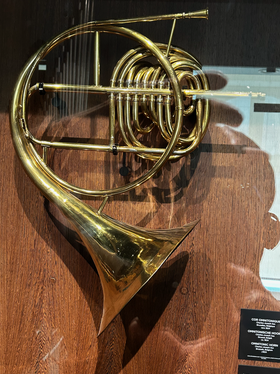 Photograph of (a) brass instrument(s) from the Musical Instruments Museum in Brussels, Belgium
