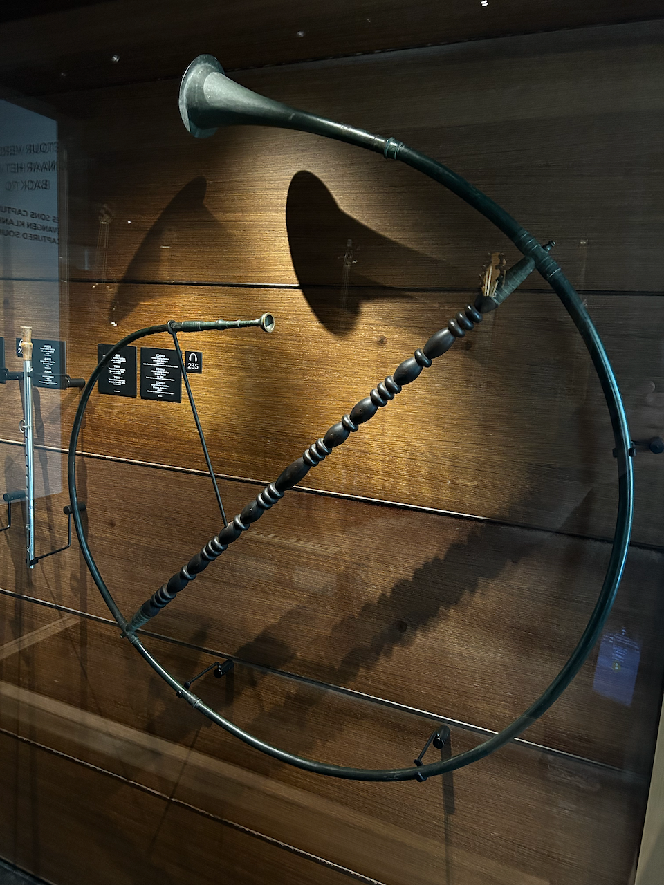 Photograph of (a) brass instrument(s) from the Musical Instruments Museum in Brussels, Belgium