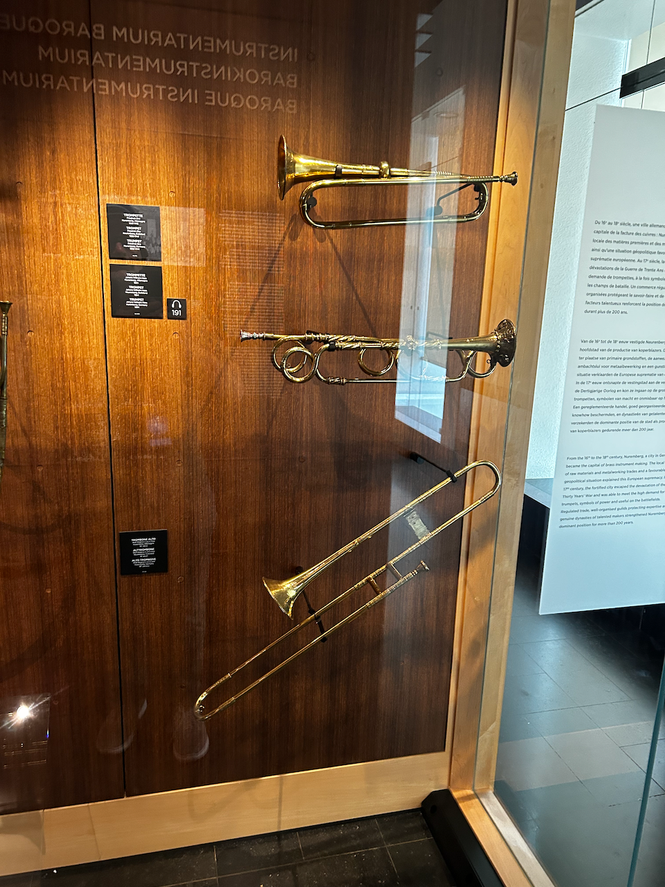 Photograph of (a) brass instrument(s) from the Musical Instruments Museum in Brussels, Belgium